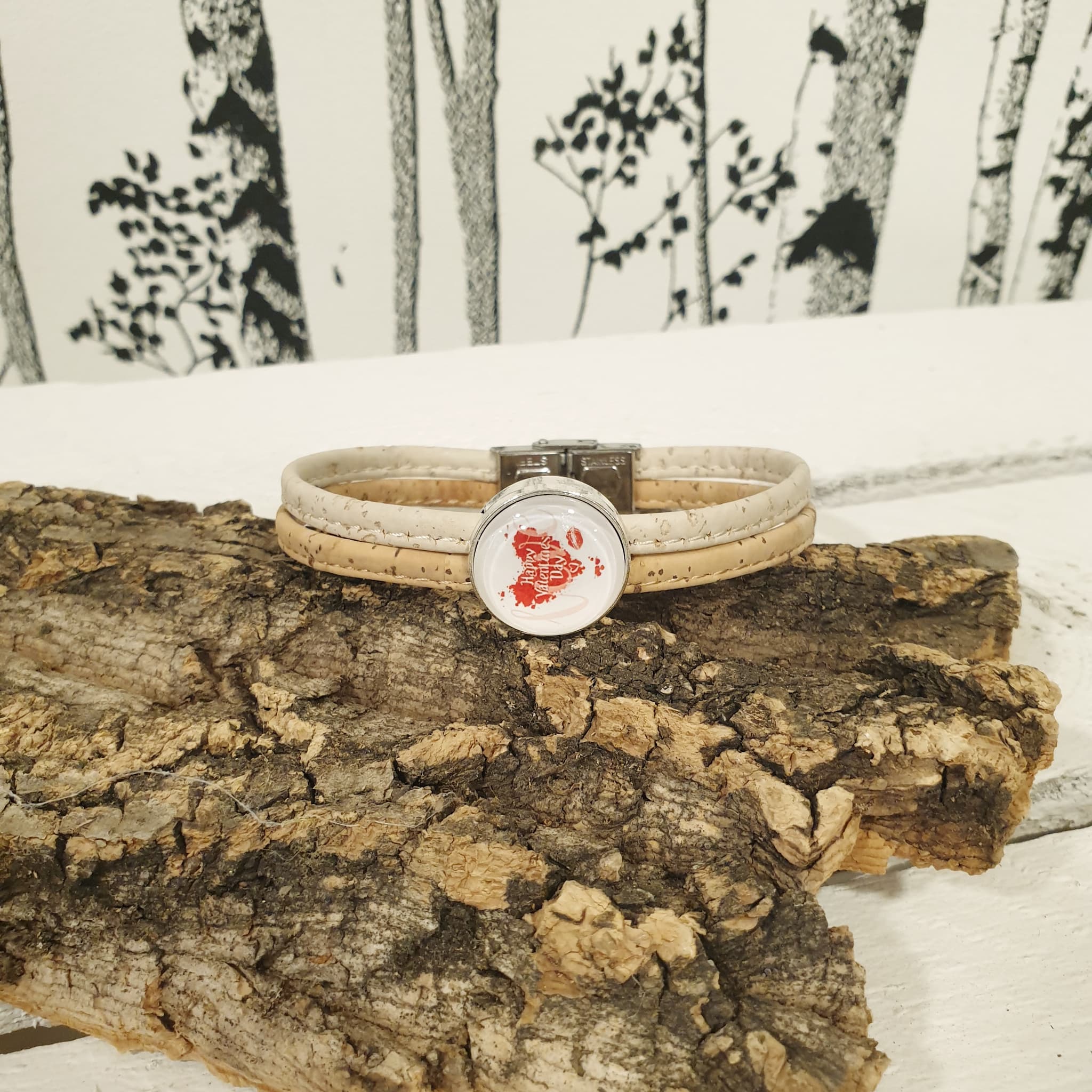 Bracelet en liège plat avec coeur et bouche - fait-main haguenau