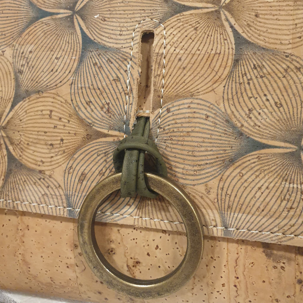 Détail du rabat du sac Kalyna avec touche turquoise et son anneau