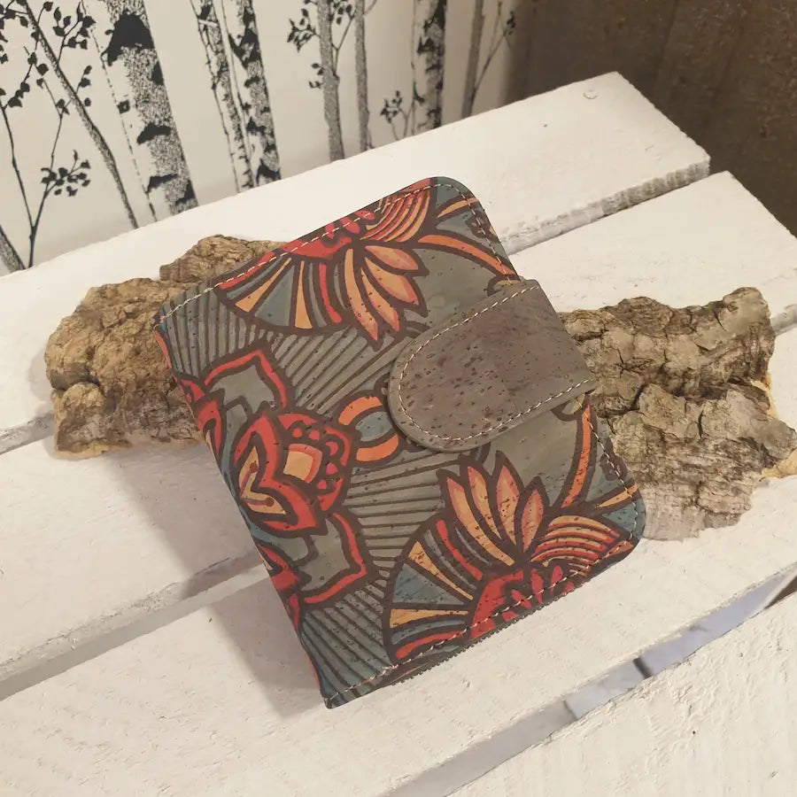 Portefeuille en liège Azalia vert foncé à motifs floraux