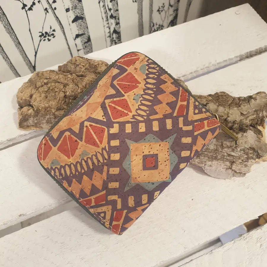 Petit portefeuille en liège naturel à motif graphique