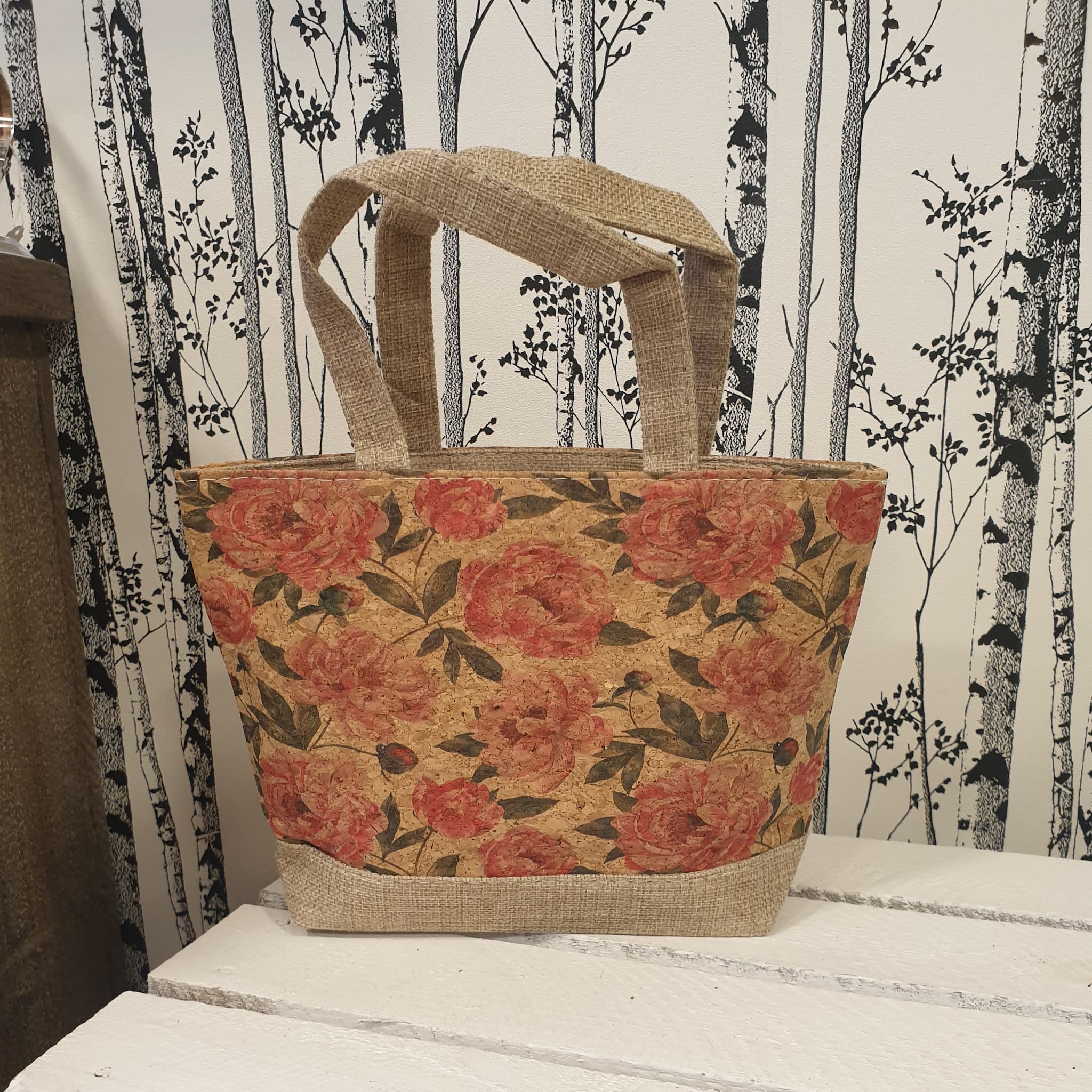Sac cabas Rosalia en tissu et liège avec imprimé de roses - Vue arrrière