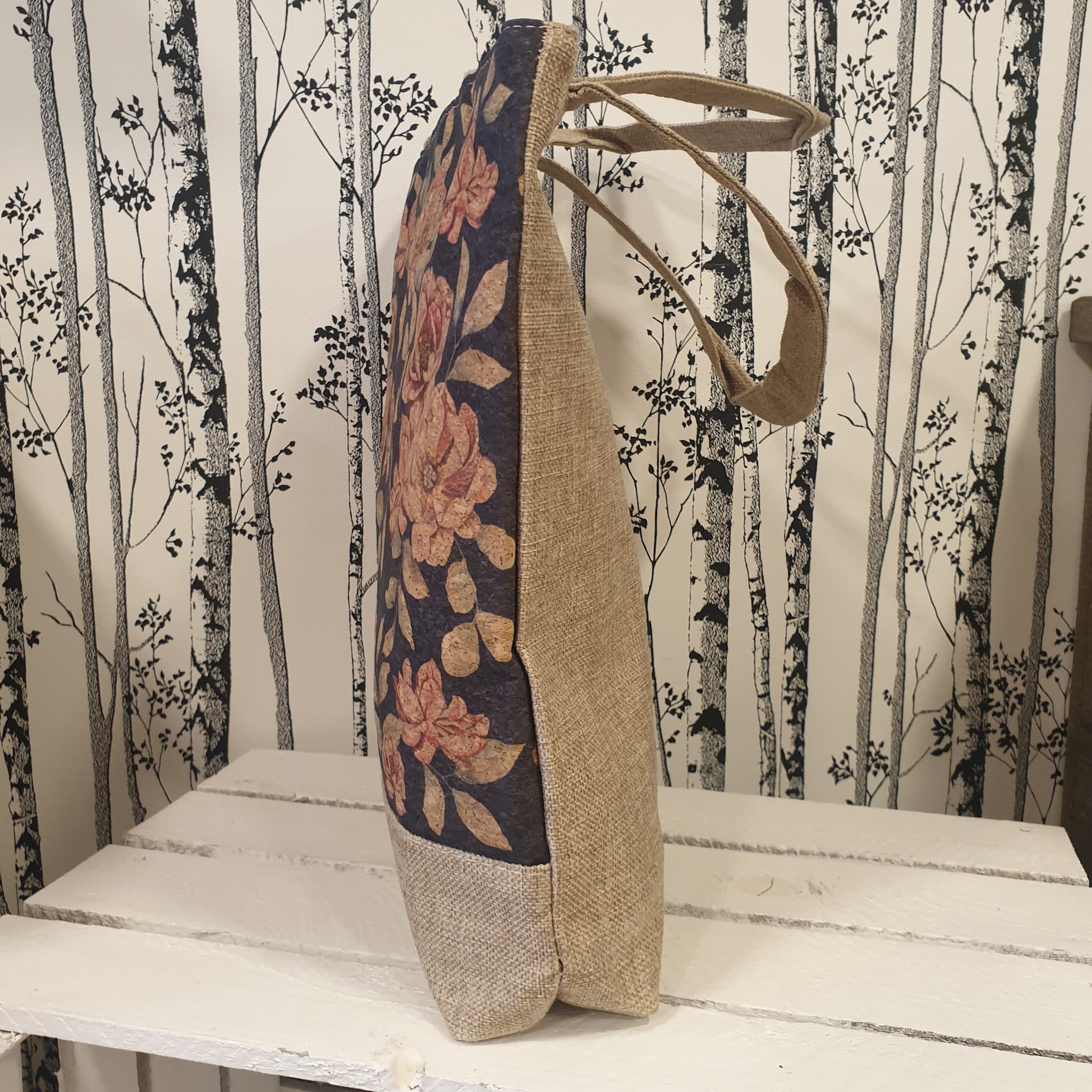 Tote bag artisanal portugal  imprimé liege et tissus - vue de coté
