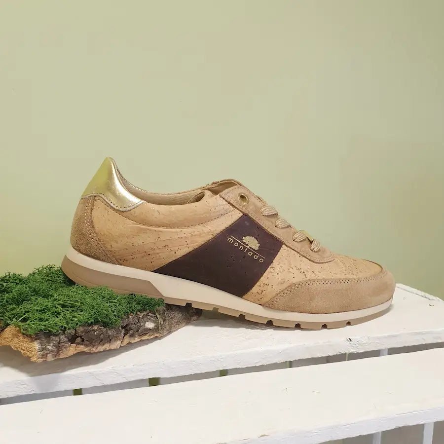 Vue de côté basket naturelle et doré made in portugal