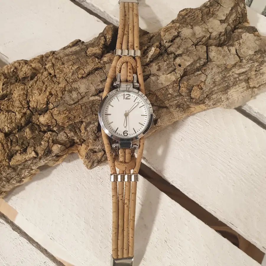 Montre artisanale en liège naturel avec cadran blanc - Vue d'ensemble