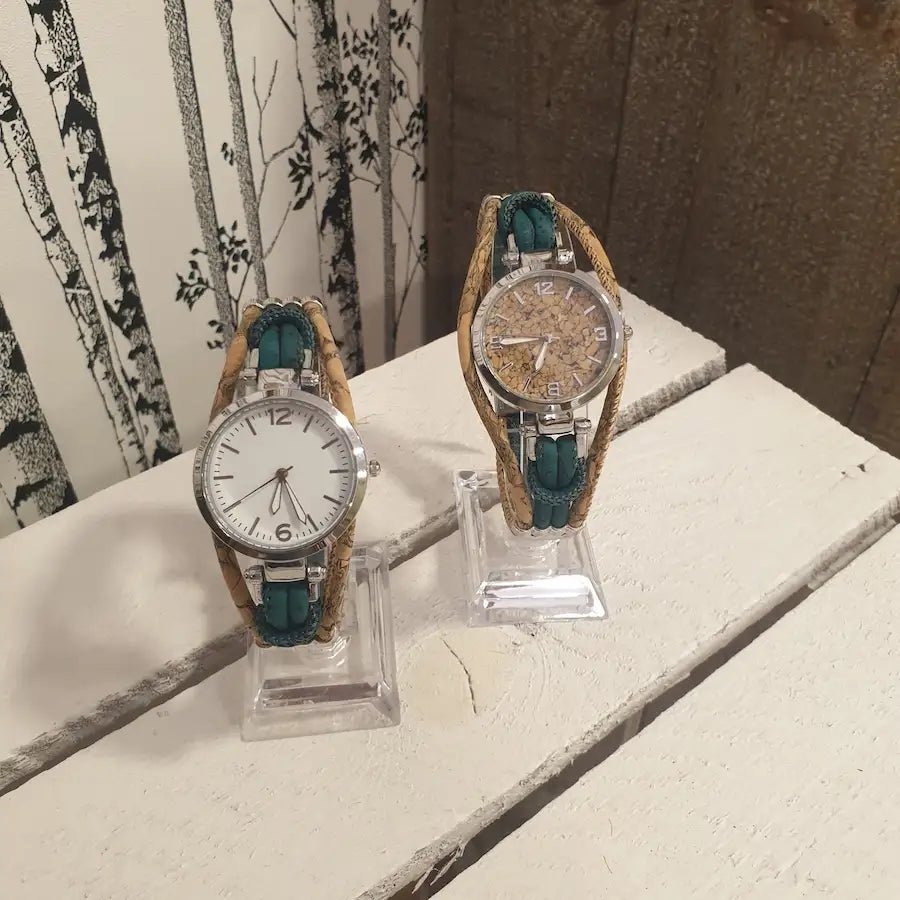 Montres en liège naturel Ludivine montrant les deux cadrans - haguenau