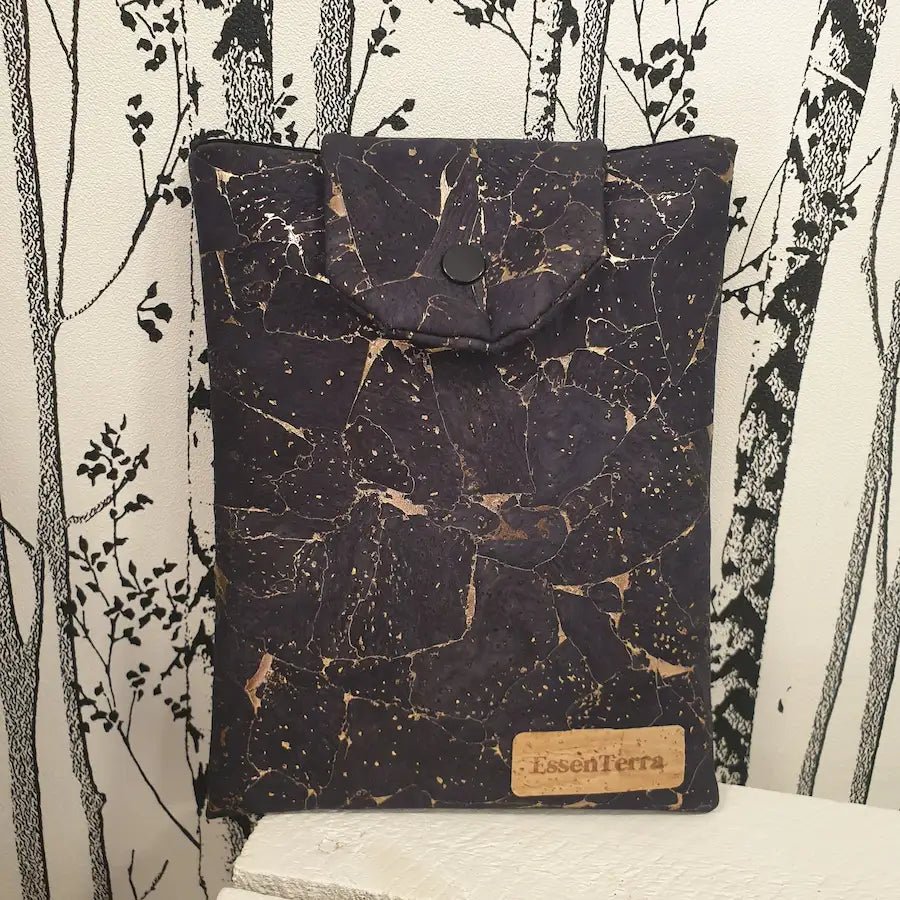 Pochette à livre en liège naturel bleu foncé doré, protection élégante et écologique pour livres et carnets