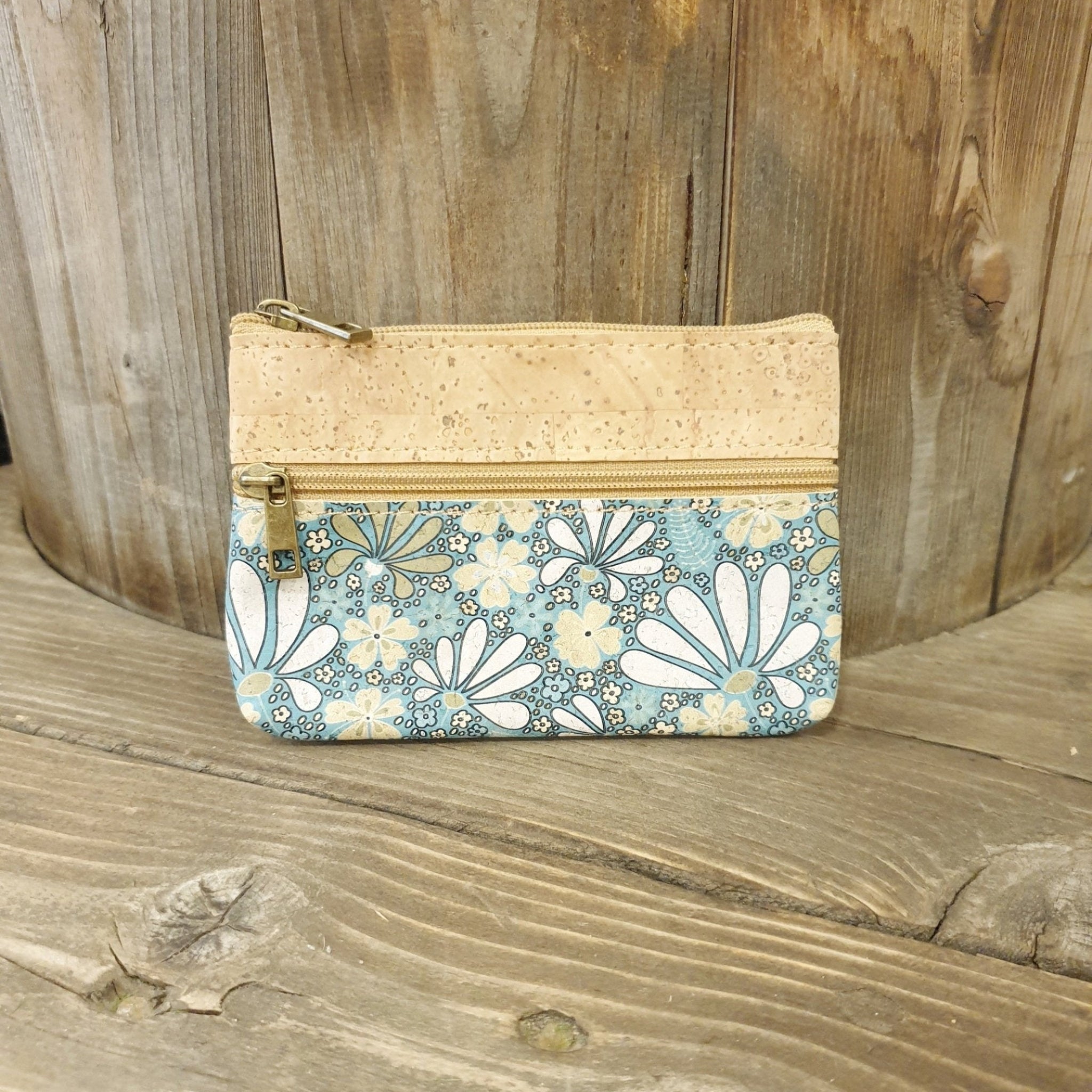 Porte-monnaie en liège naturel et imprimé floral - vue de devant